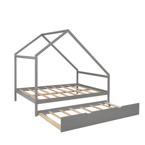 Homeroots Gray Wood Bed Frame With Trundle  Manufactured Wood + Solid Wood 474010
