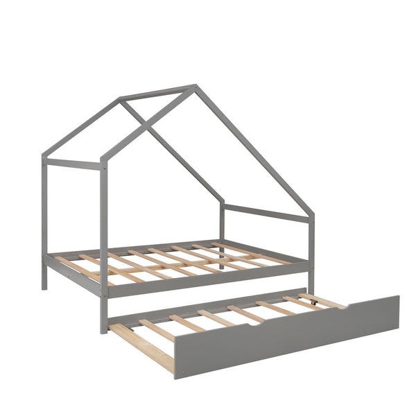 Homeroots Gray Wood Bed Frame With Trundle  Manufactured Wood + Solid Wood 474010