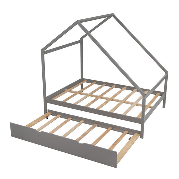 Homeroots Gray Wood Bed Frame With Trundle  Manufactured Wood + Solid Wood 474010
