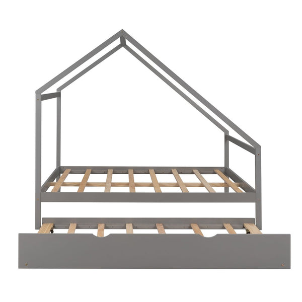 Homeroots Gray Wood Bed Frame With Trundle  Manufactured Wood + Solid Wood 474010