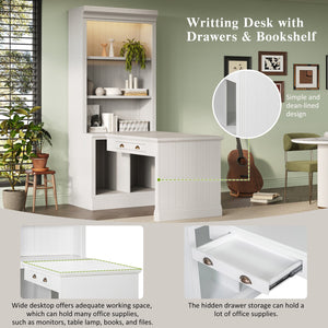 English Elm 83.4"Tall Bookshelf with Writing Desk White – Modern Solid Wood Workstation with LED, Drawer & Adjustable Shelf N751S280597K