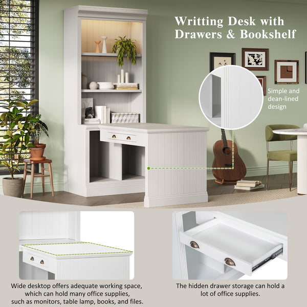 English Elm 83.4"Tall Bookshelf with Writing Desk White – Modern Solid Wood Workstation with LED, Drawer & Adjustable Shelf N751S280597K