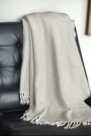 HomeRoots 70" Plush Cotton Blend Woven Herringbone Throw Blanket with Tasseled Edges for Cozy Comfort Gray, White 474025
