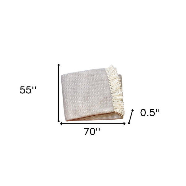 HomeRoots 70" Plush Cotton Blend Woven Herringbone Throw Blanket with Tasseled Edges for Cozy Comfort Gray, White 474025