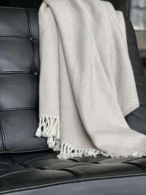 HomeRoots 70" Plush Cotton Blend Woven Herringbone Throw Blanket with Tasseled Edges for Cozy Comfort Gray, White 474025