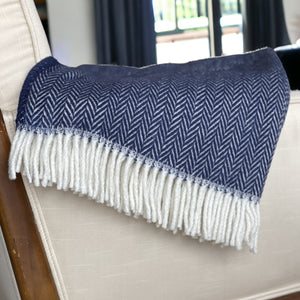 Homeroots Navy Blue And White Dreamy Soft Herringbone Throw Blanket  Cotton 474027