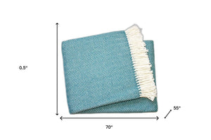 Homeroots 55" X 70" Teal Blue And White Woven Herringbone Plush Throw Blanket  Cotton 474028