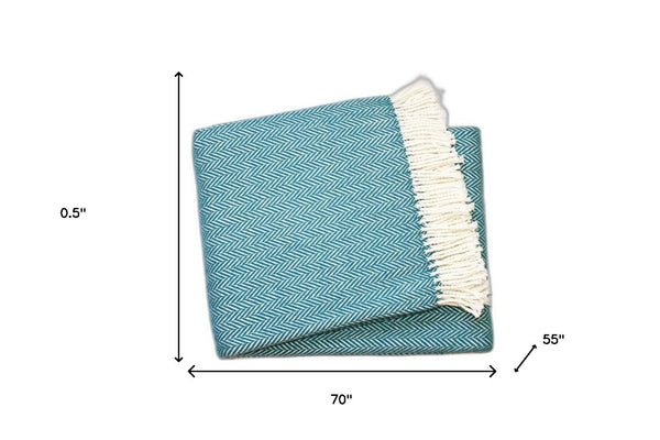 Homeroots 55" X 70" Teal Blue And White Woven Herringbone Plush Throw Blanket  Cotton 474028
