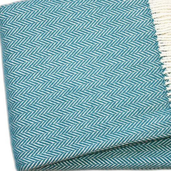 Homeroots 55" X 70" Teal Blue And White Woven Herringbone Plush Throw Blanket  Cotton 474028