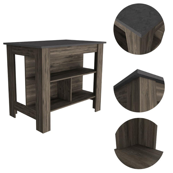 Homeroots Dark Brown And Onyx Kitchen Island With Three Storage Shelves  Particle Board 474092
