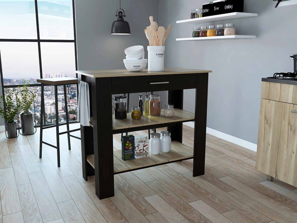 HomeRoots Black Kitchen Island with Natural Top - Stylish Storage & Prep Space for Modern & Rustic Decor 474094
