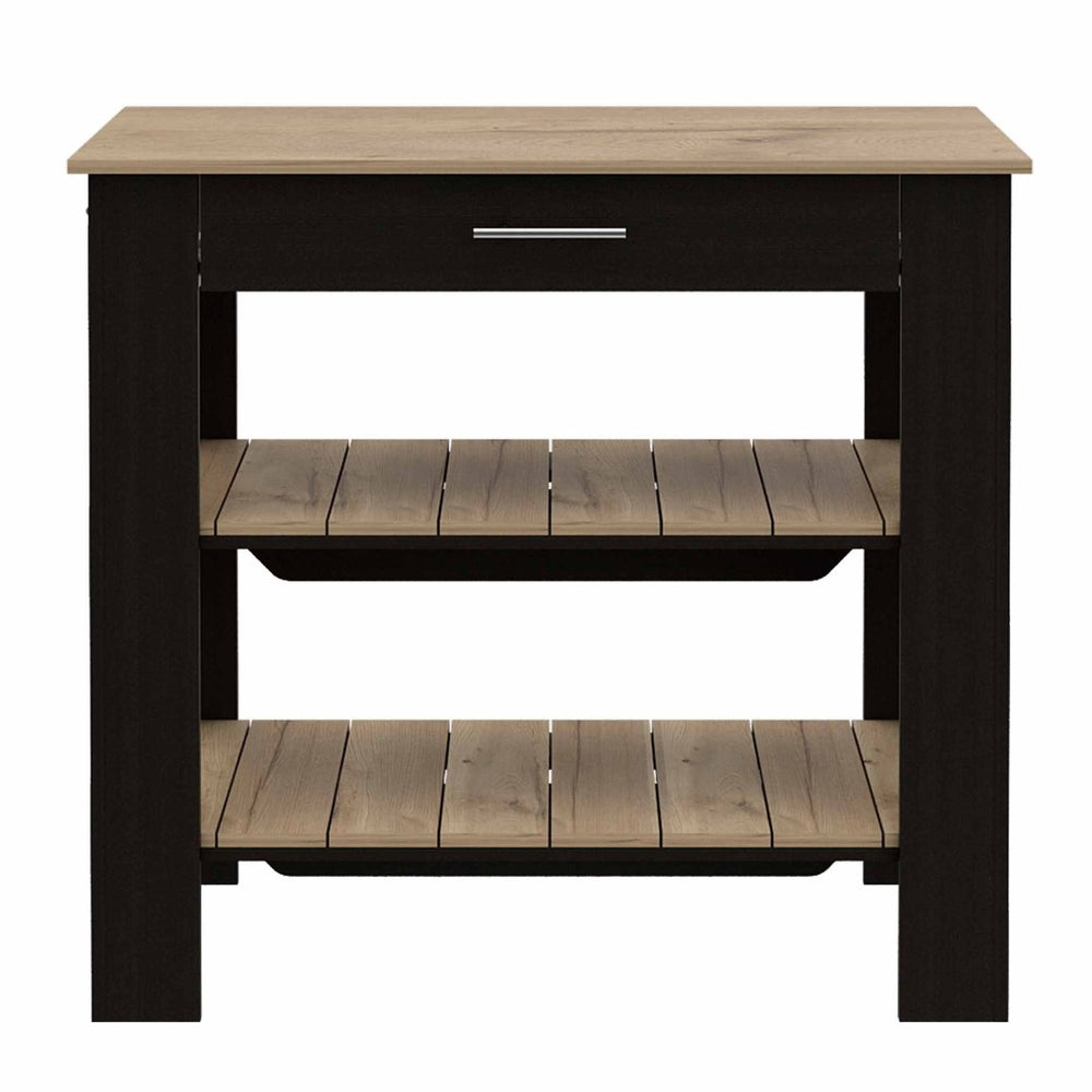 HomeRoots Black Kitchen Island with Natural Top - Stylish Storage & Prep Space for Modern & Rustic Decor 474094