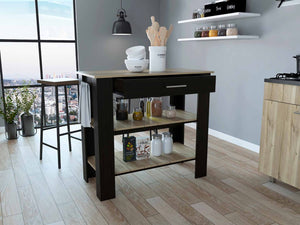 HomeRoots Black Kitchen Island with Natural Top - Stylish Storage & Prep Space for Modern & Rustic Decor 474094