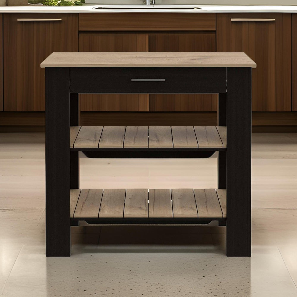 HomeRoots Black Kitchen Island with Natural Top - Stylish Storage & Prep Space for Modern & Rustic Decor 474094