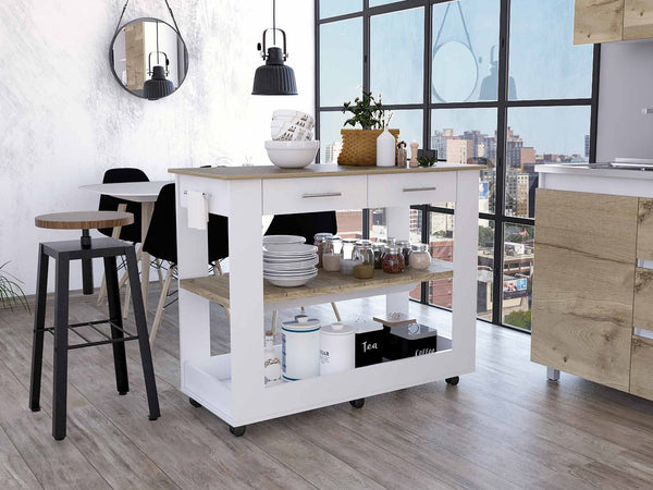 Homeroots Light Oak And White Kitchen Island With Drawer Shelves And Casters  Particle Board 474097