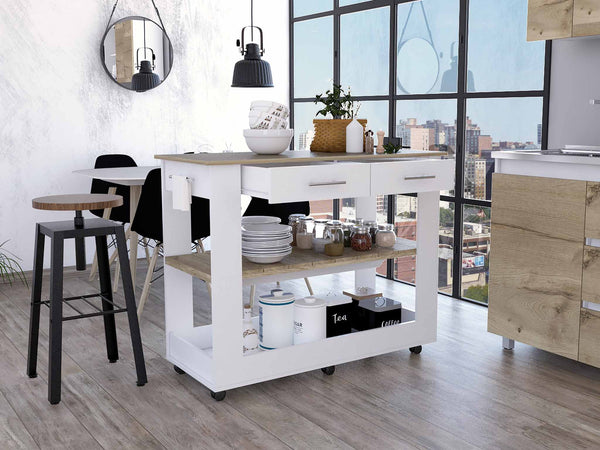 Homeroots Light Oak And White Kitchen Island With Drawer Shelves And Casters  Particle Board 474097