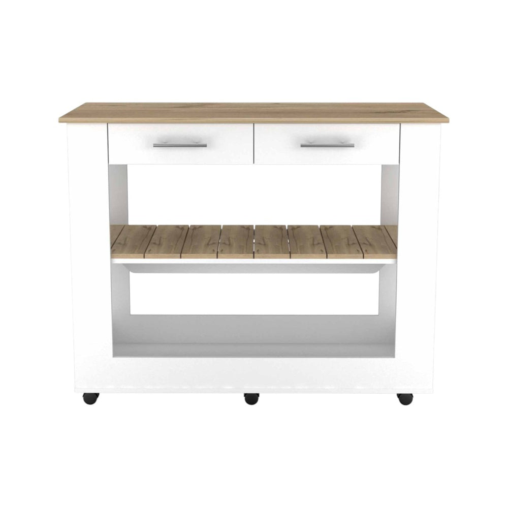 HomeRoots White Rolling Kitchen Cart with Storage – Rustic 40" Island on Locking Casters for Organized Cooking 474097