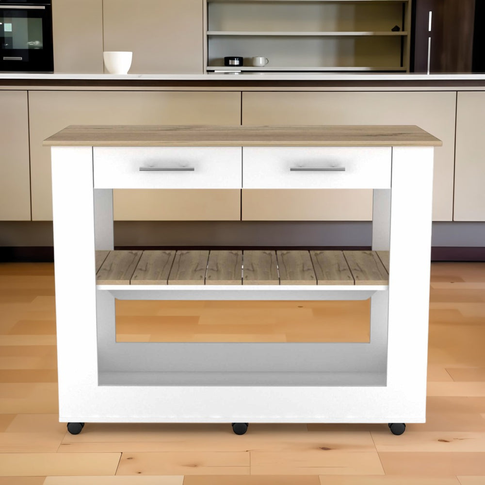 HomeRoots White Rolling Kitchen Cart with Storage – Rustic 40" Island on Locking Casters for Organized Cooking 474097