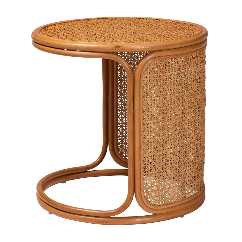 English Elm Bohemian Hand-woven Rattan Round End Table with Open Geometric Base for Living Rooms B2750P467757