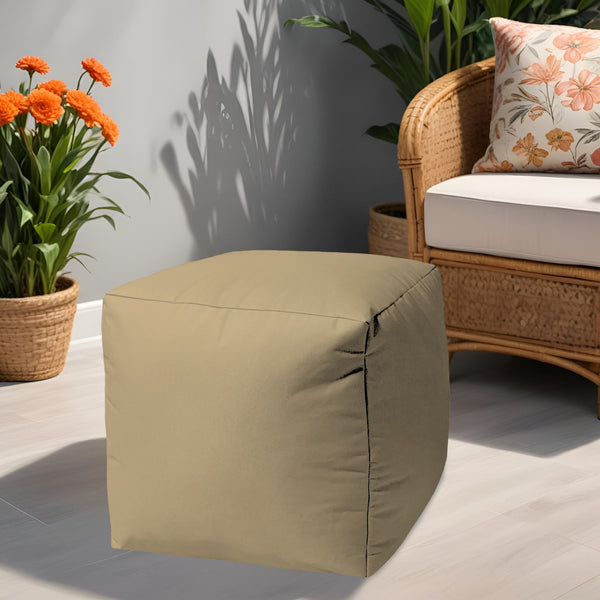 Homeroots 17" Khaki Canvas Cube Outdoor Pouf Ottoman Beige  474133