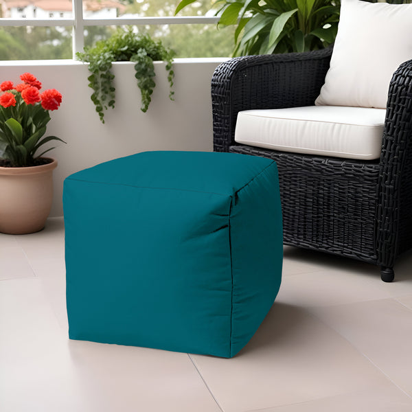 Homeroots 17" Cool Dark Teal Solid Color Indoor Outdoor Pouf Ottoman Teal Vinyl,Backed Canvas 474152