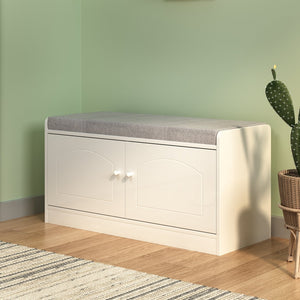 English Elm Shoe Storage Bench with Cushion and 2-Door Cabinet, Ventilated, Adjustable Shelves, 300lb Seat W760P206351