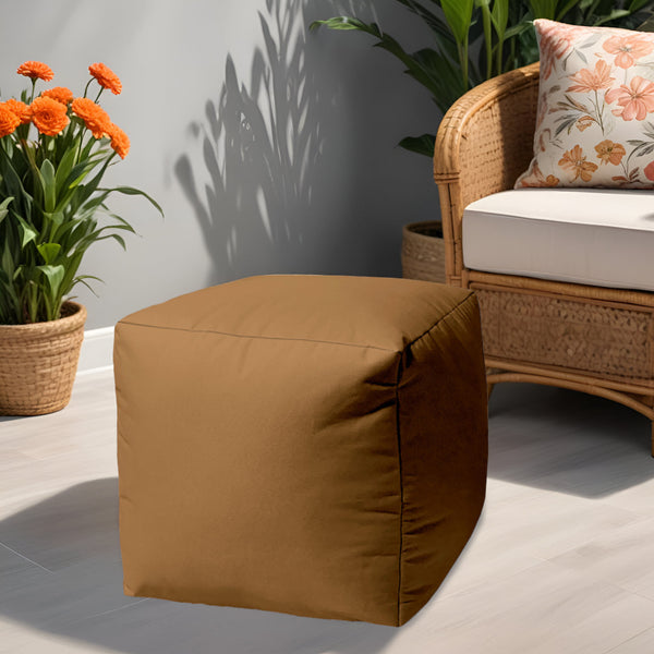 Homeroots 17" Brown Canvas Cube Outdoor Pouf Ottoman Mocha  474183