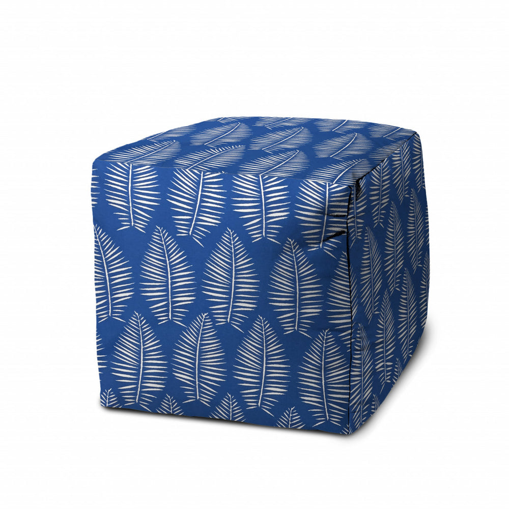 Homeroots 17" Blue And White Polyester Cube Floral Outdoor Pouf Ottoman Soft Royal  474194