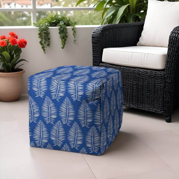 Homeroots 17" Blue And White Polyester Cube Floral Outdoor Pouf Ottoman Soft Royal  474194