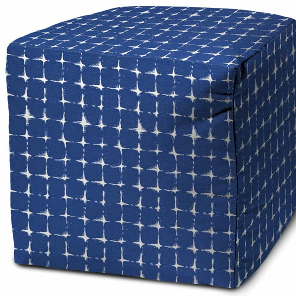 Homeroots 17" Blue And White Polyester Cube Geometric Outdoor Pouf Ottoman Soft Royal  474195
