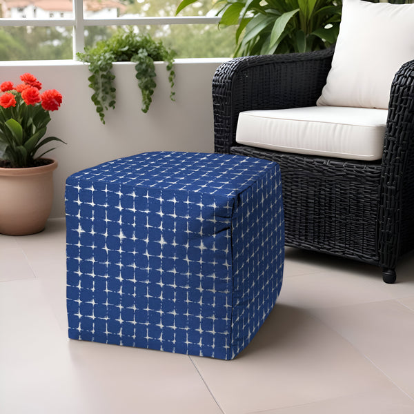Homeroots 17" Blue And White Polyester Cube Geometric Outdoor Pouf Ottoman Soft Royal  474196