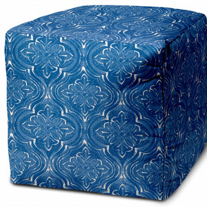 Homeroots 17" Blue And White Polyester Cube Damask Outdoor Pouf Ottoman   474197