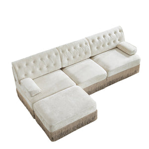 English Elm 3-seater Velvet Modular Sectional Sofa with Button Tufting Tassel Skirt Living Room Beige W714S01686