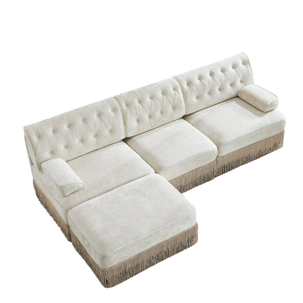 English Elm 3-seater Velvet Modular Sectional Sofa with Button Tufting Tassel Skirt Living Room Beige W714S01686