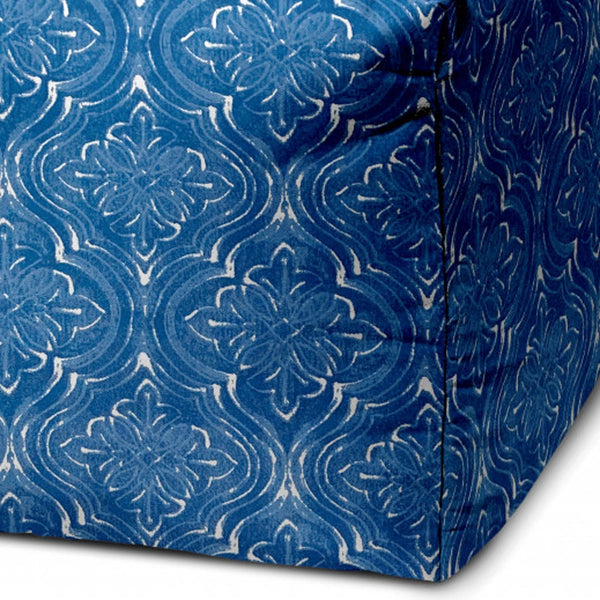 Homeroots 17" Blue And White Polyester Cube Damask Outdoor Pouf Ottoman Soft Royal  474198