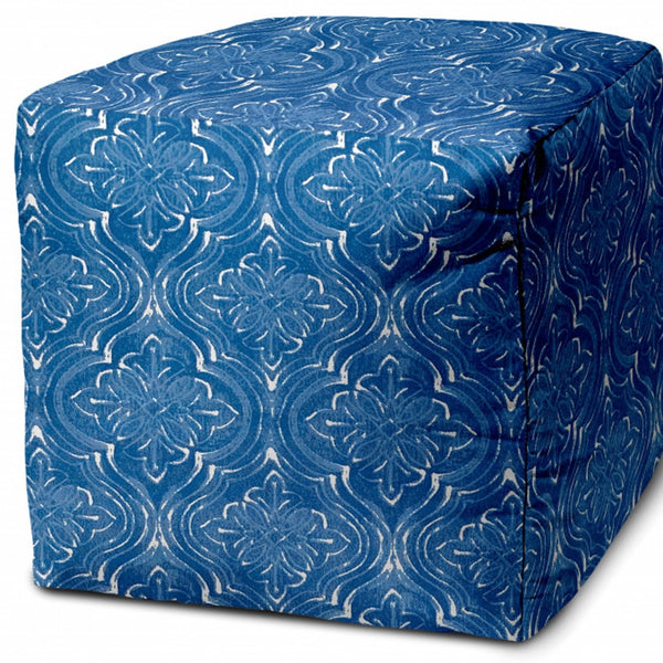 Homeroots 17" Blue And White Polyester Cube Damask Outdoor Pouf Ottoman Soft Royal  474198