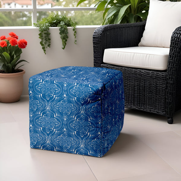 Homeroots 17" Blue And White Polyester Cube Damask Outdoor Pouf Ottoman Soft Royal  474198