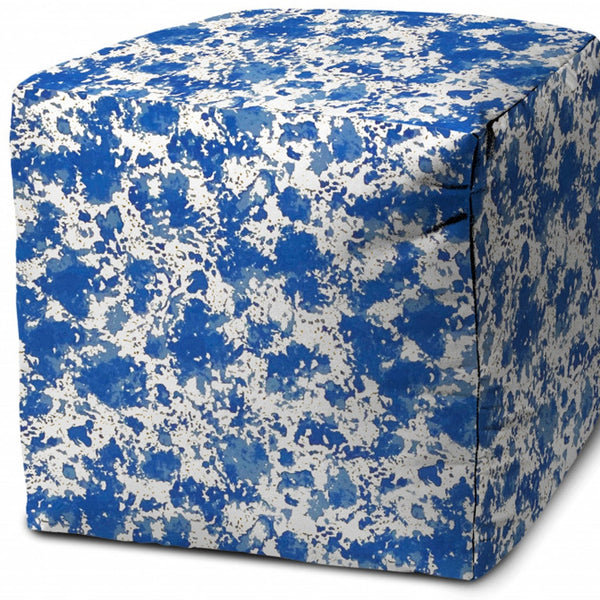 Homeroots 17" Blue And White Polyester Cube Abstract Outdoor Pouf Ottoman Soft Royal  474199