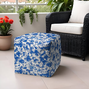 Homeroots 17" Blue And White Polyester Cube Abstract Outdoor Pouf Ottoman Soft Royal  474199