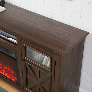English Elm 2 Door Farmhouse Entertainment Console with Built-in Electric Fireplace Barn Style Espresso W2275S00041