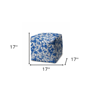 Homeroots 17" Blue And White Polyester Cube Abstract Outdoor Pouf Ottoman Soft Royal  474200