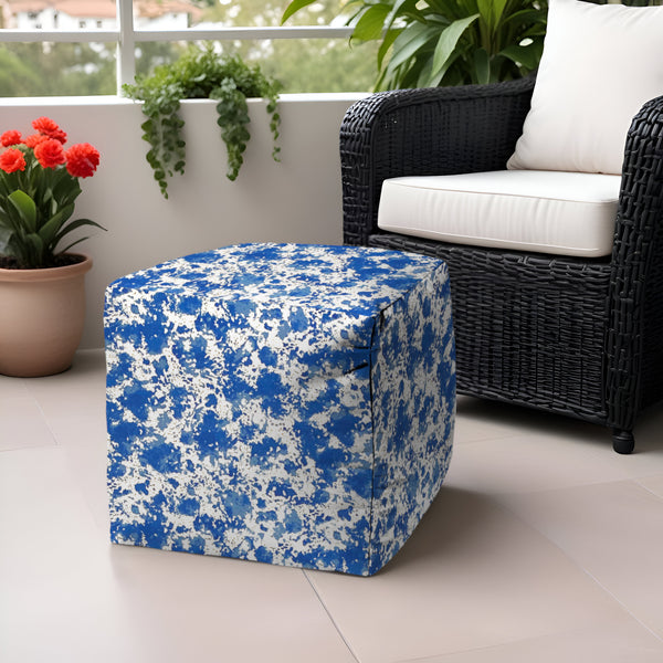 Homeroots 17" Blue And White Polyester Cube Abstract Outdoor Pouf Ottoman Soft Royal  474200
