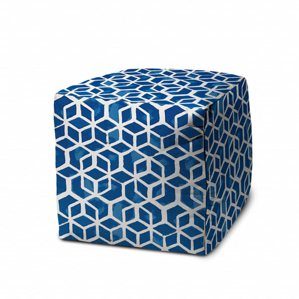 Homeroots 17" Blue And White Polyester Cube Geometric Indoor Outdoor Pouf Ottoman Soft Royal 100% Polyester 474201