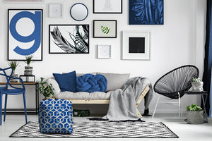 Homeroots 17" Blue And White Polyester Cube Geometric Indoor Outdoor Pouf Ottoman Soft Royal 100% Polyester 474201