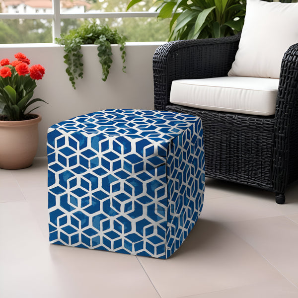 Homeroots 17" Blue And White Polyester Cube Geometric Indoor Outdoor Pouf Ottoman Soft Royal 100% Polyester 474201