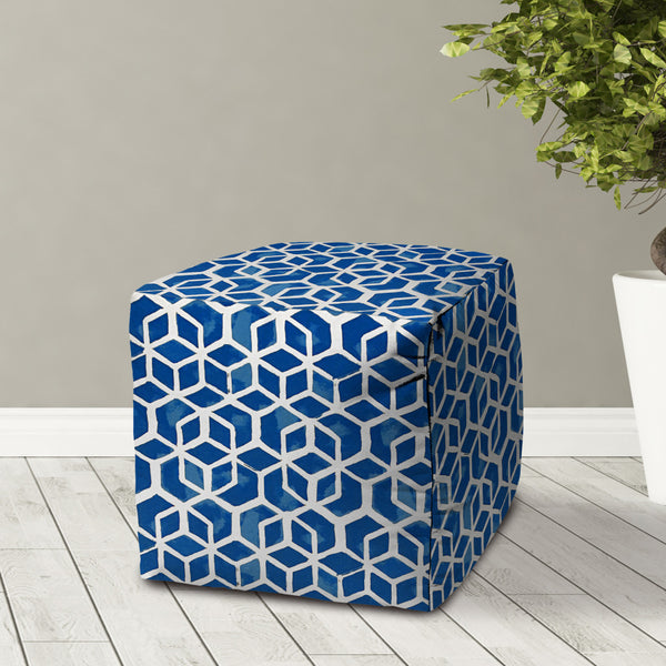 Homeroots 17" Blue And White Polyester Cube Geometric Indoor Outdoor Pouf Ottoman Soft Royal 100% Polyester 474202