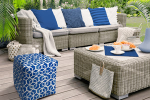 Homeroots 17" Blue And White Polyester Cube Geometric Indoor Outdoor Pouf Ottoman Soft Royal 100% Polyester 474202