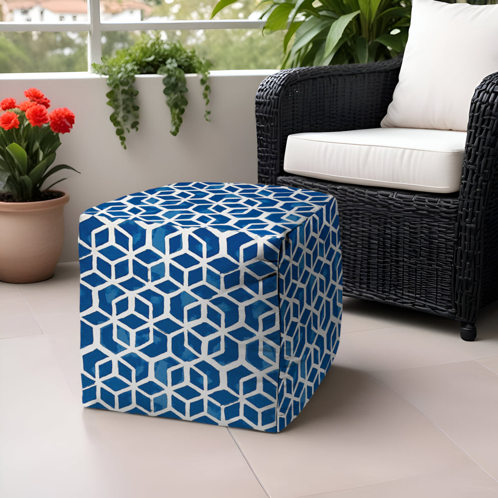 Homeroots 17" Blue And White Polyester Cube Geometric Indoor Outdoor Pouf Ottoman Soft Royal 100% Polyester 474202