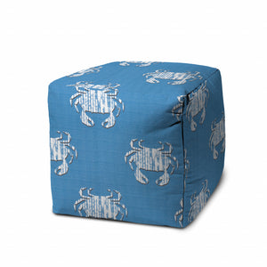 Homeroots 17" Blue And White Polyester Cube Crab Outdoor Pouf Ottoman Soft Royal  474203