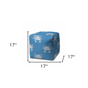 Homeroots 17" Blue And White Polyester Cube Crab Outdoor Pouf Ottoman Soft Royal  474203